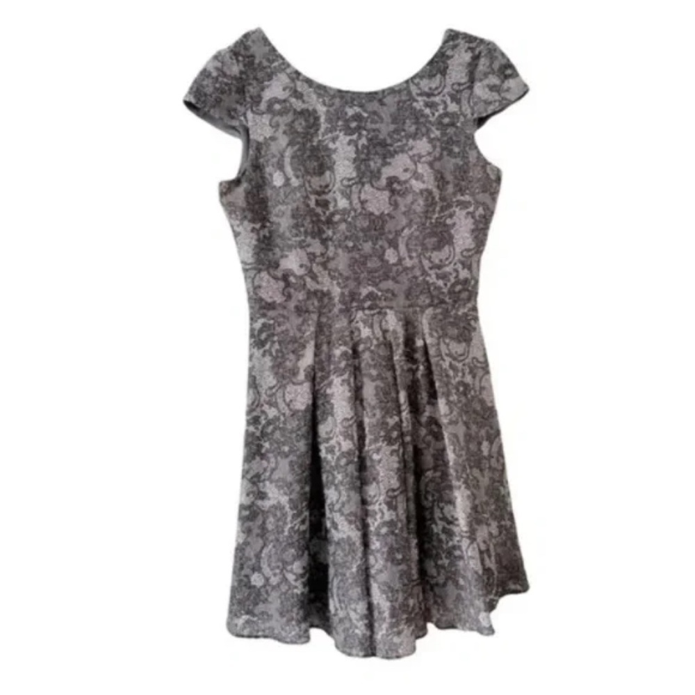 Betsey Johnson | Gray Etched Floral Lace Print Cap Sleeve V-Back Dress, Size 12